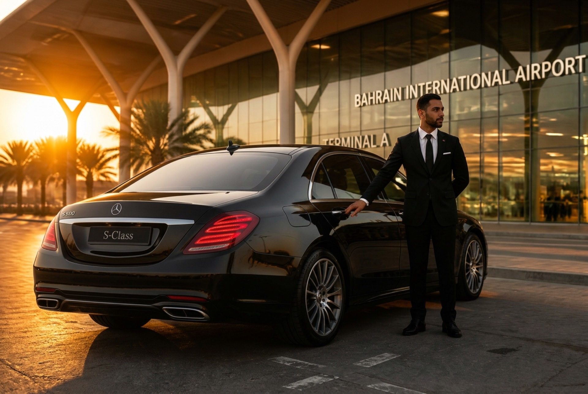 Chauffeur beside a black Mercedes-Benz S-Class at Bahrain International Airport